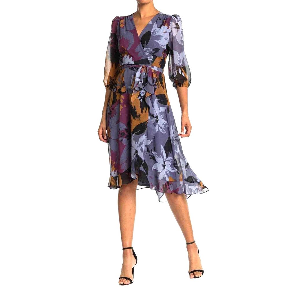 Taylor Printed Puff Sleeve Floral Flowy Wrap Dress Womens 12 NWT Ruffled